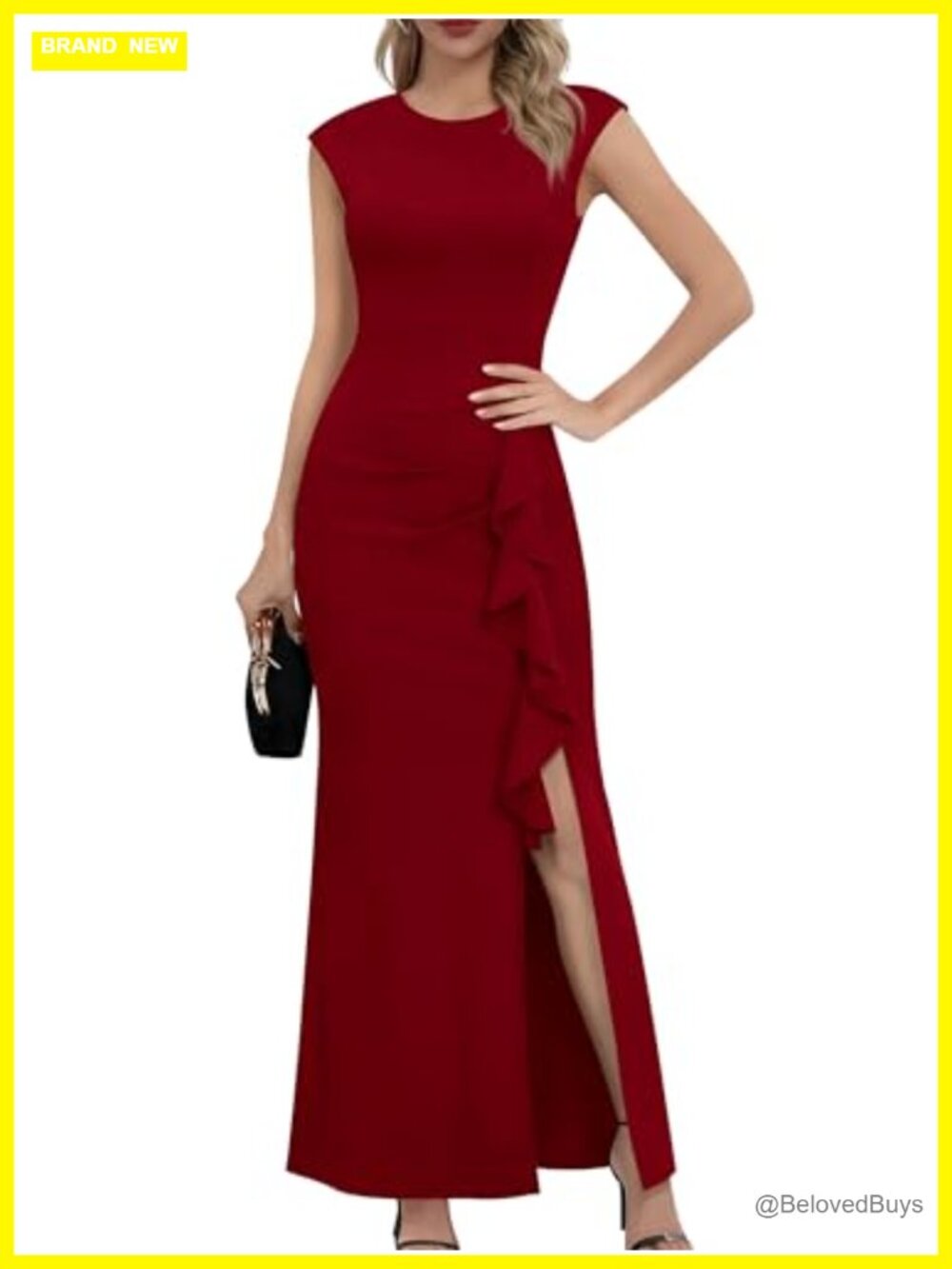 Mermaid Maxi Dress Cap Sleeve Ruffle Side Split Ruched Bodycon Evening Party